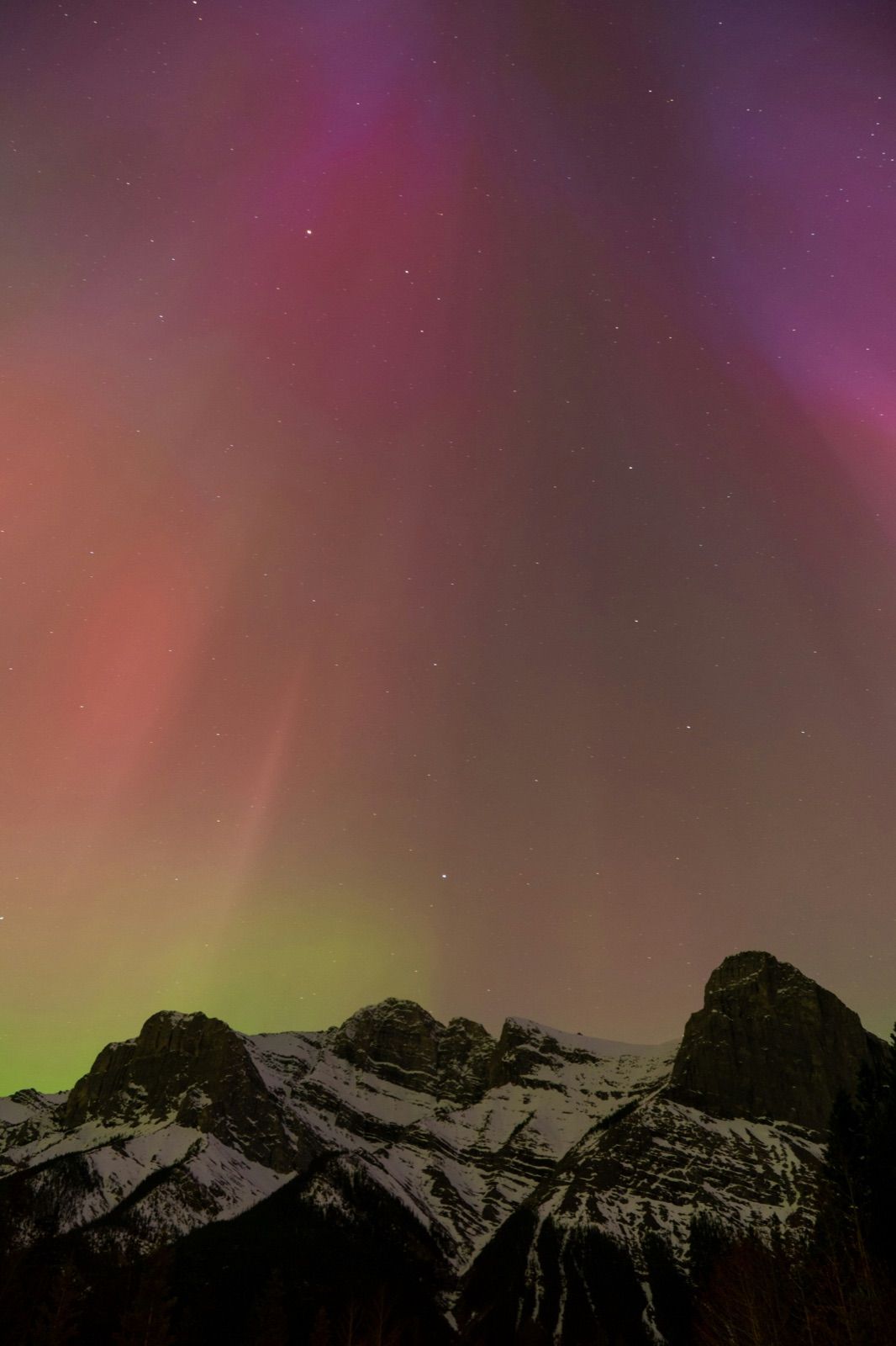 The aurora borealis in pink and green over the snow-capped Canadian Rockies near Banff — Banff Journey