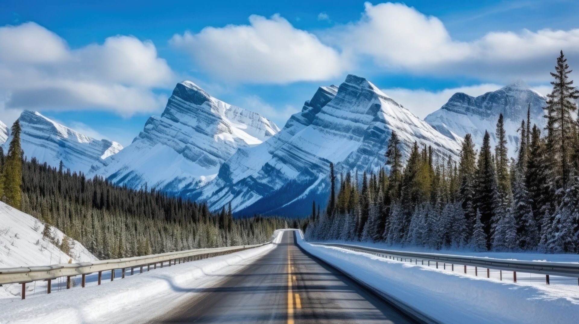 The Icefields Parkway leading toward snow-capped Rocky Mountain peaks in winter — Banff Journey travel guide
